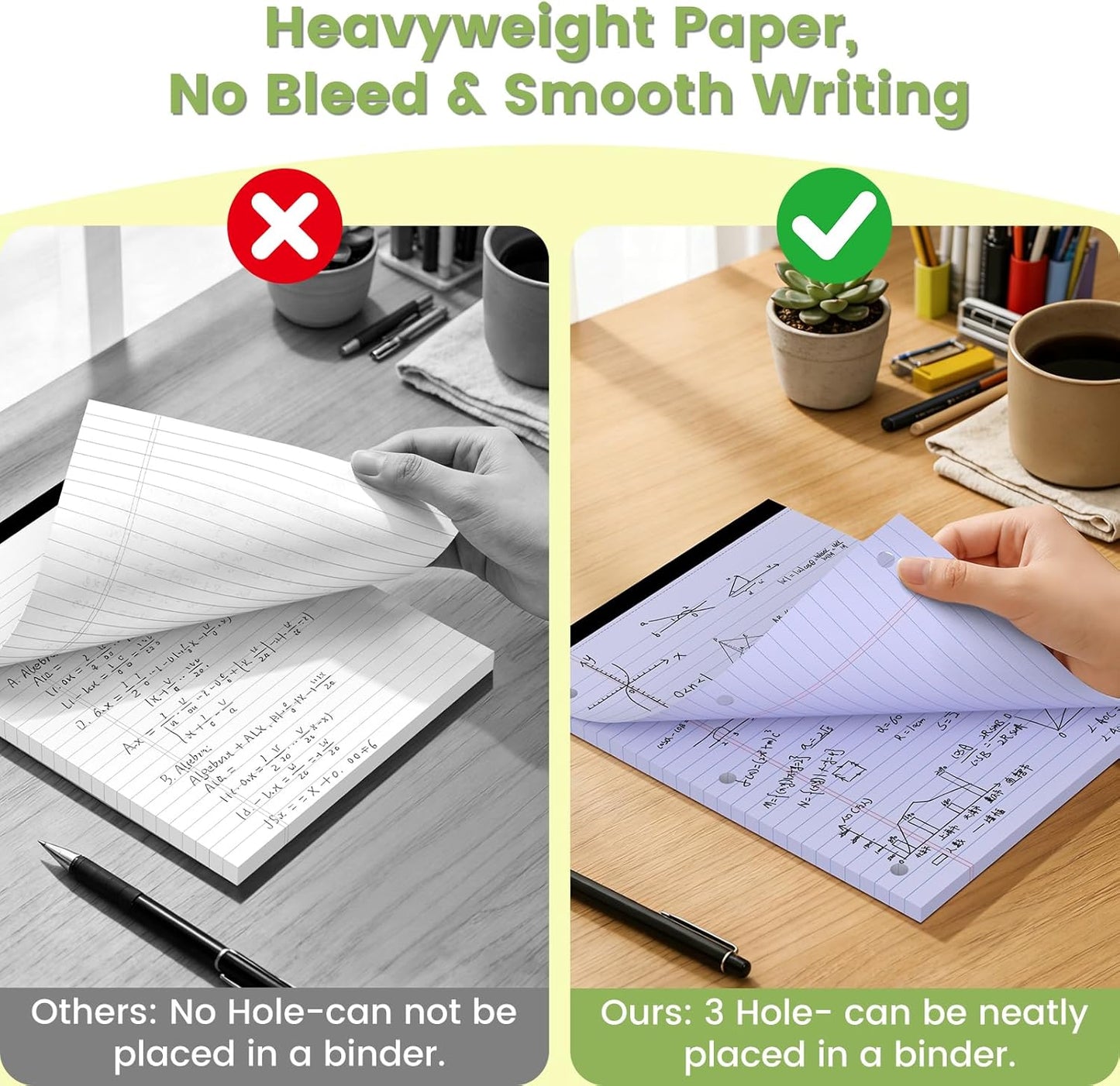 Legal Pads 8.5x11, White Notepads 8.5x11, Wide Ruled Lined with 3 Hole Punch, Loose Leaf Notebook Paper for 3 Ring Binders, 3 Pack, 30 Sheets/Pack, Perforate for School, Office, Home