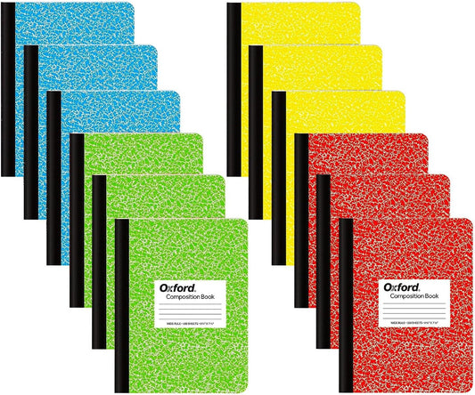 Oxford Composition Notebooks - Assorted Colored Marble Cover Wide Ruled Notebook - 9-3/4" X 7-1/2", Pack of 12 (100 sheets)
