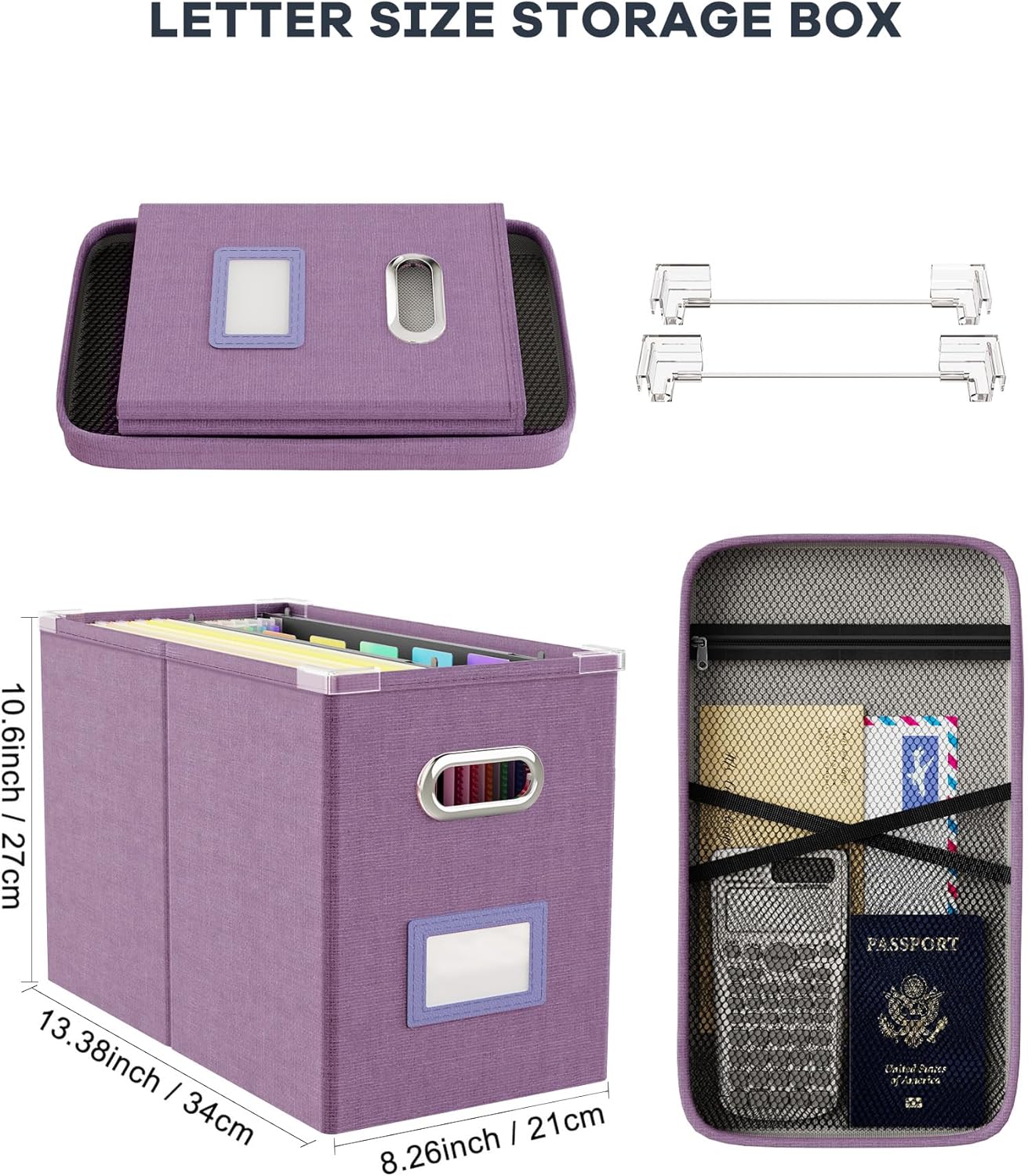 Oterri File Organizer Box with Lid, Hanging Filing File Box with Mesh Pocket, Document Organizer Box for Letter Files, Portable Storage Box with Smooth Sliding Rail for Office&Home (1 PCS, Beige)