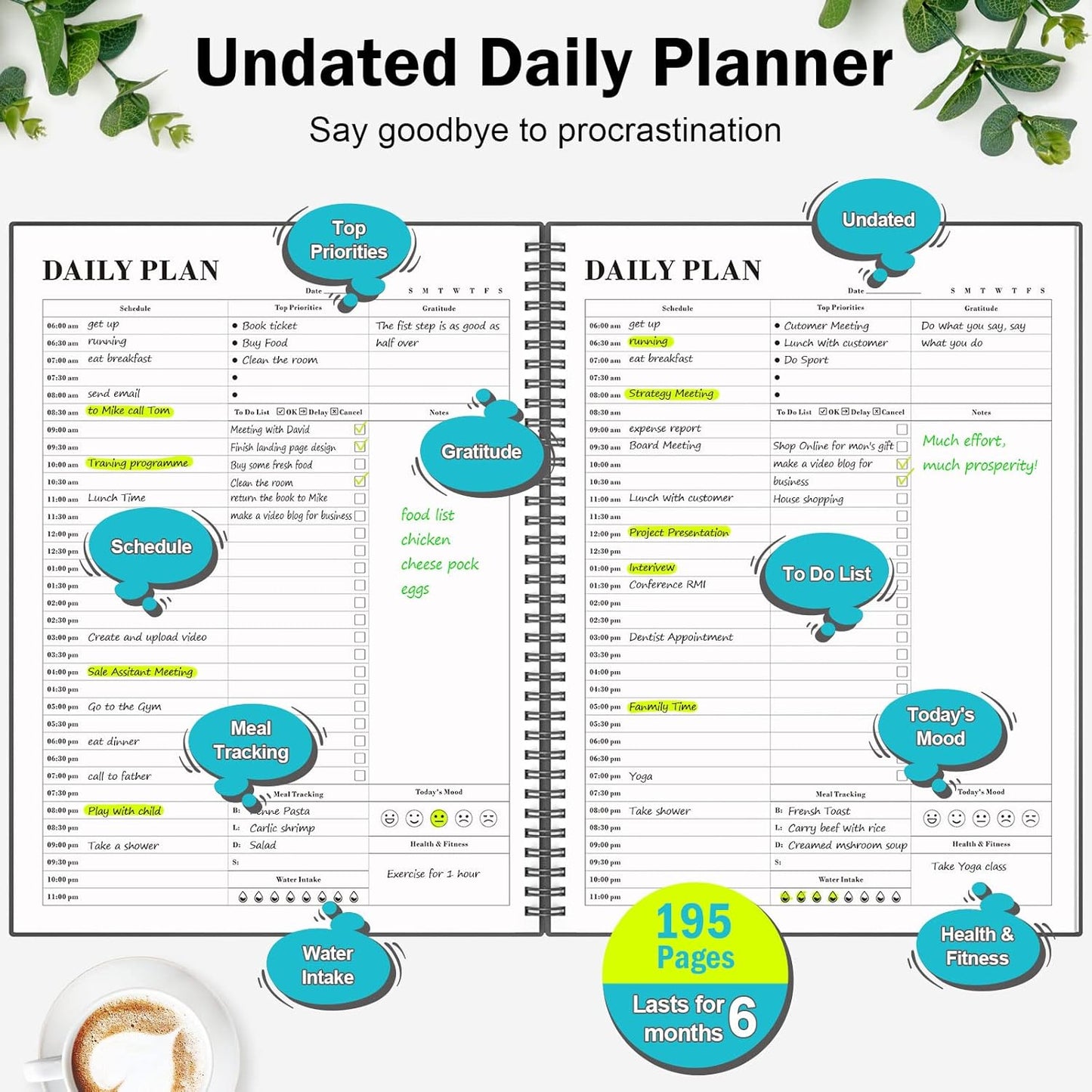 Daily Planner Undated, Asten To Do List Notebook Hourly Schedules Spiral Appointment Planner for Men and Women,PVC Hardcover,Elastic Closure, Inner Pocket 8.3" x 5.8" (Black)