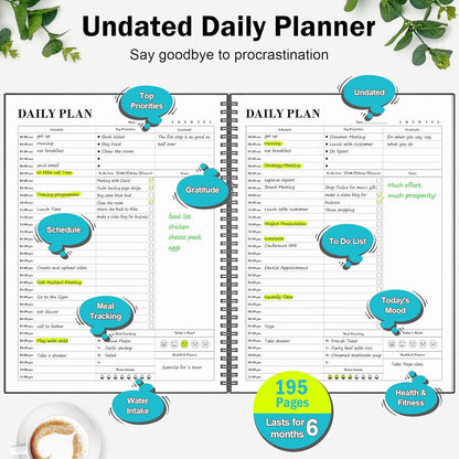 Daily Planner Undated, Asten To Do List Notebook Hourly Schedules Spiral Appointment Planner for Men and Women,PVC Hardcover,Elastic Closure, Inner Pocket 8.3" x 5.8" (Black)