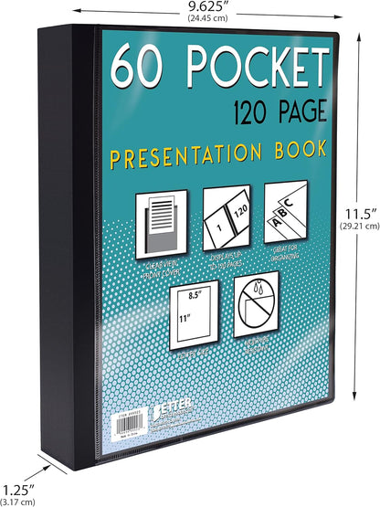 Better Office Products 60 Pocket Bound Black Presentation Book, with Clear View Front Cover, 120 Sheet Protector Pages, 8.5" x 11" Sheets, Art Portfolio, Durable Poly Covers, Letter Size