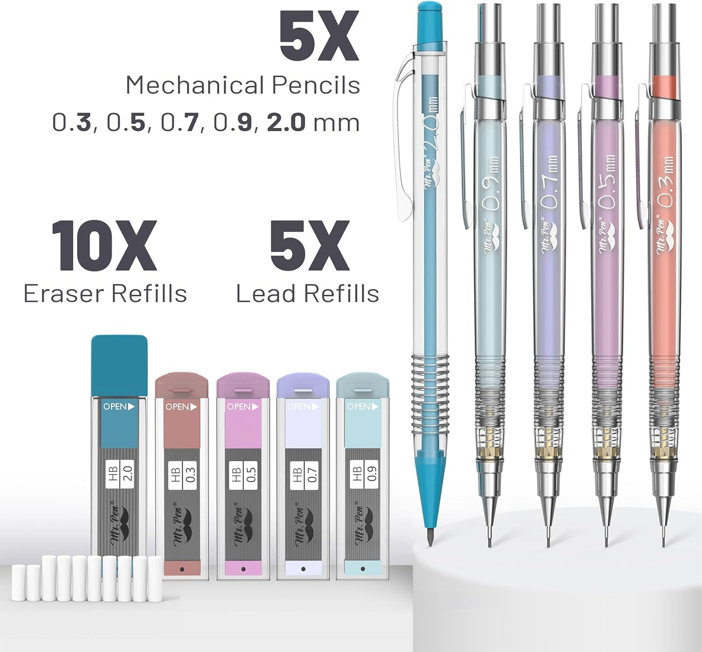 Mr. Pen- Art Mechanical Pencil Set, 5 Vintage Mechanical Pencils (0.3, 0.5, 0.7, 0.9, 2.0mm), 5 HB Lead Refills & 10 Eraser Refills, Precision Drawing Pencils for Sketching, Writing & Artwork