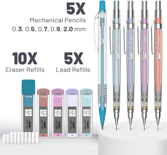 Mr. Pen- Art Mechanical Pencil Set, 5 Vintage Mechanical Pencils (0.3, 0.5, 0.7, 0.9, 2.0mm), 5 HB Lead Refills & 10 Eraser Refills, Precision Drawing Pencils for Sketching, Writing & Artwork