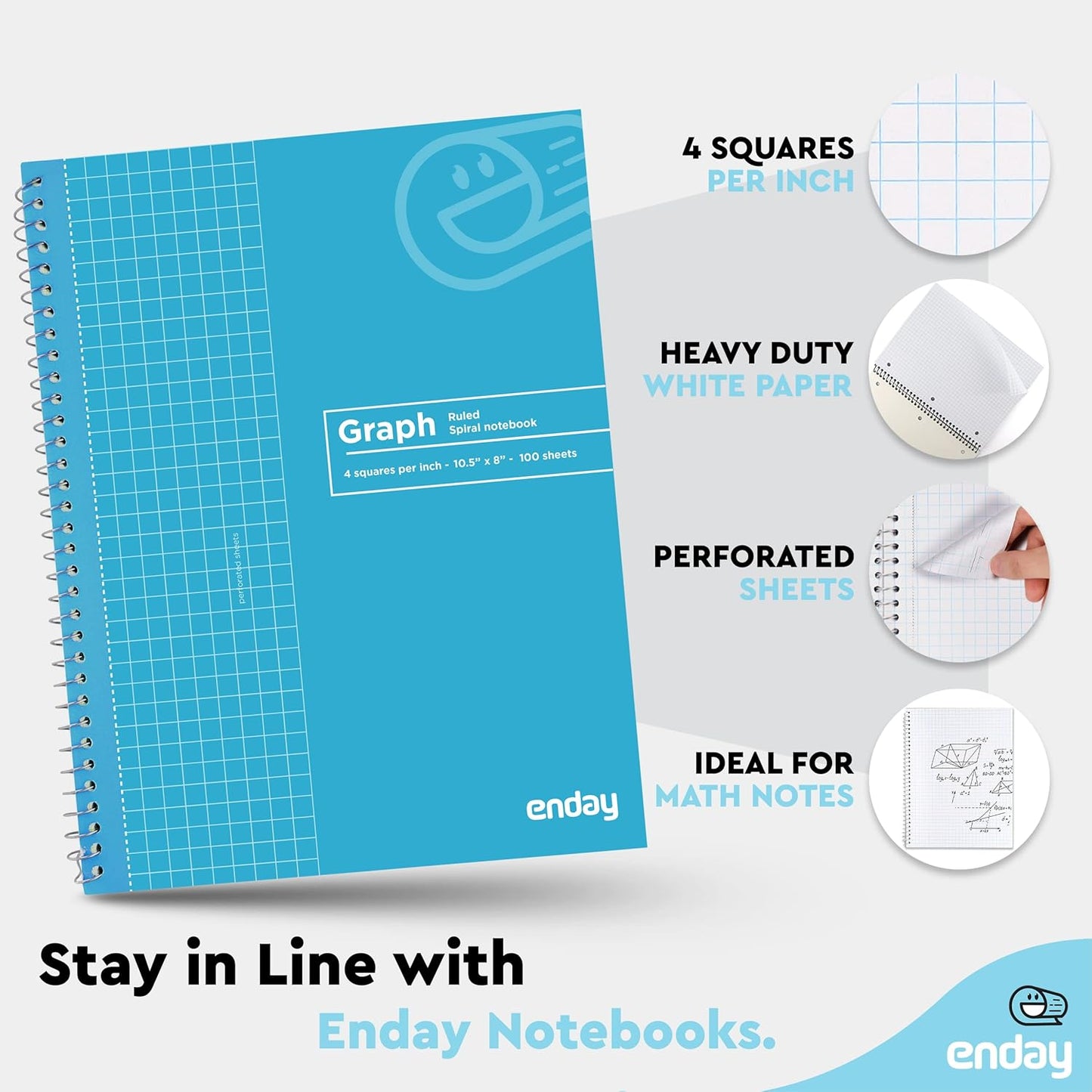 Emraw Graph Paper Notebook (4 Pack) Grid Notebook, Graph paper spiral notebook, Graph notebook, 4 Squares per inch Grid paper notebook, White Paper Quad Ruled Spiral Assorted Colors - by Enday
