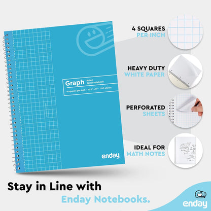 Emraw Graph Paper Notebook (4 Pack) Grid Notebook, Graph paper spiral notebook, Graph notebook, 4 Squares per inch Grid paper notebook, White Paper Quad Ruled Spiral Assorted Colors - by Enday