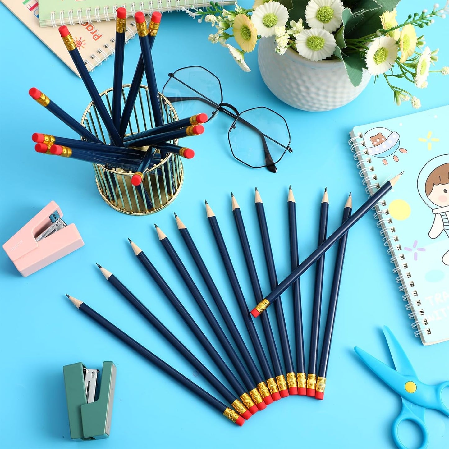 Outus 24 Pieces Round Pencils Cute HB Graphite Wood Pencils Pack with Eraser for School Drawing Sketching Wedding Office Supplies (White)