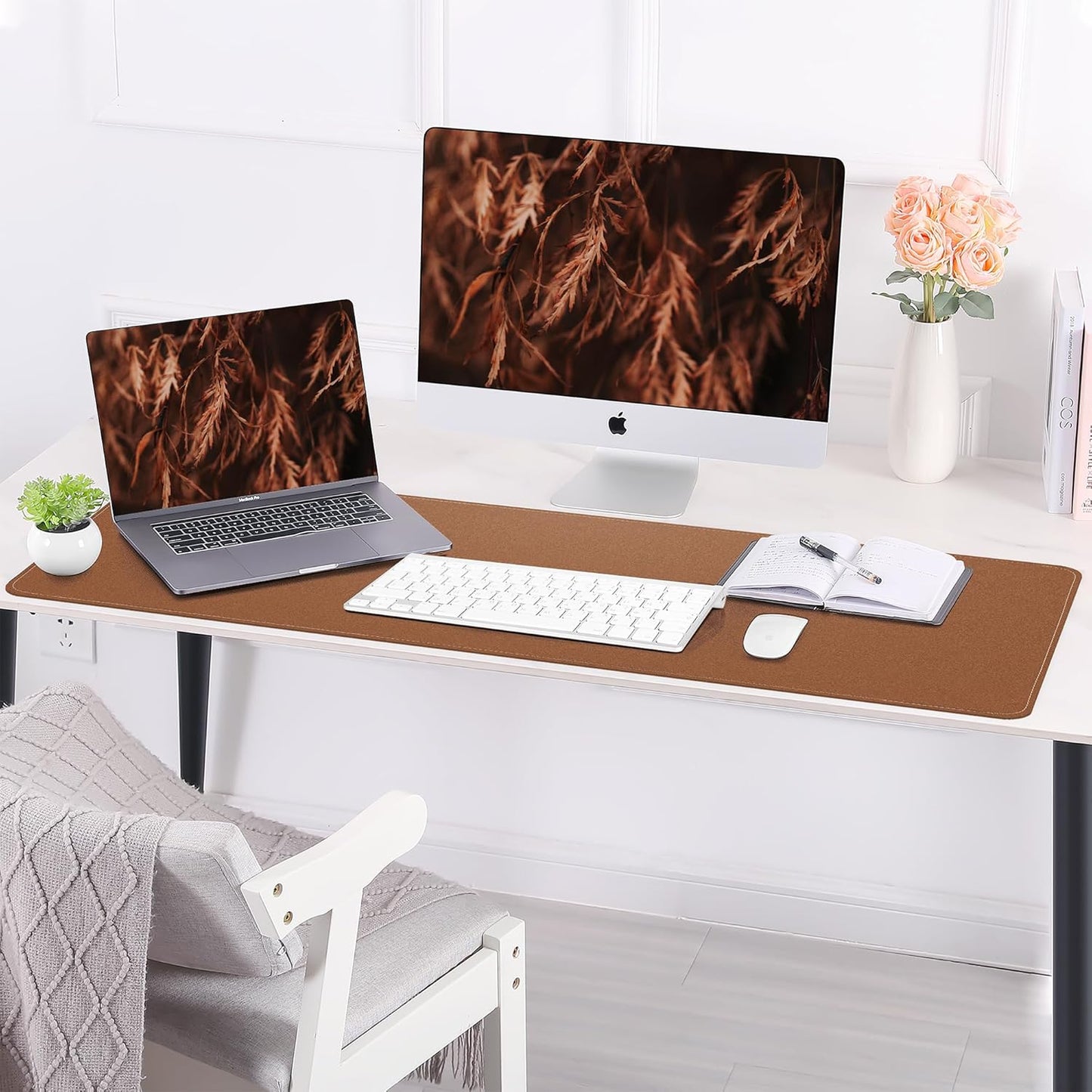 Large Desk Mat 47.2" x 17" Leather Desk Pad Protector with Natural Cork & PU Leather, Non-Slip Office Desk Mat, Large Mouse Pad, Waterproof Desk Blotter pad for Office&Home(Black)