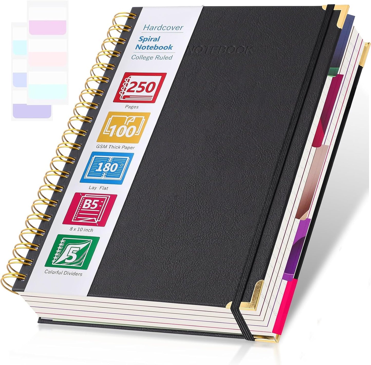 College Ruled Notebook, Spiral Notebook, Leather Hardcover Notebook Journal for Women Men, 5 Subject Notebook with Dividers, Journaling Notebooks for Work School, B5 Lined Notebook, 8" x 10", Teal