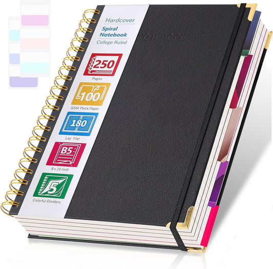 College Ruled Notebook, Spiral Notebook, Leather Hardcover Notebook Journal for Women Men, 5 Subject Notebook with Dividers, Journaling Notebooks for Work School, B5 Lined Notebook, 8" x 10", Teal