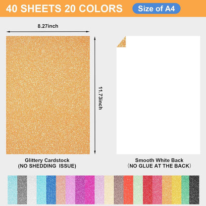 40 Sheets 20 Colors Glitter Cardstock, BetyBedy Cricut Paper Cardstock, No-Shed Sparkly Glitter, A5 Glitter Paper for Arts and Crafts - Card Making, Scrapbooking, DIY Projects