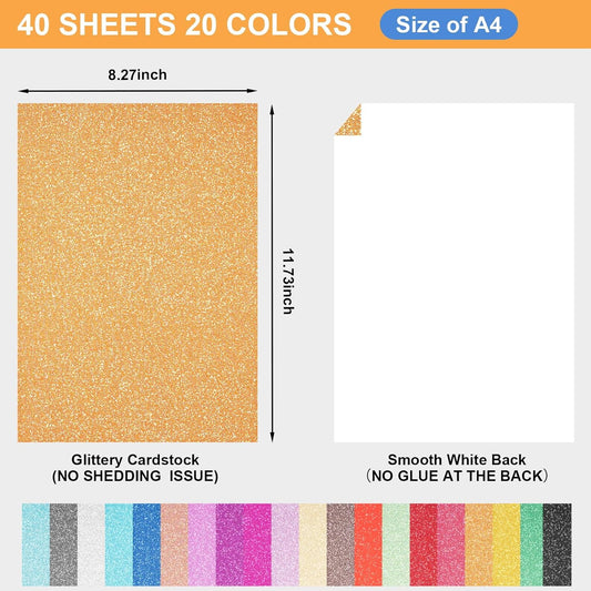 40 Sheets 20 Colors Glitter Cardstock, BetyBedy Cricut Paper Cardstock, No-Shed Sparkly Glitter, A5 Glitter Paper for Arts and Crafts - Card Making, Scrapbooking, DIY Projects