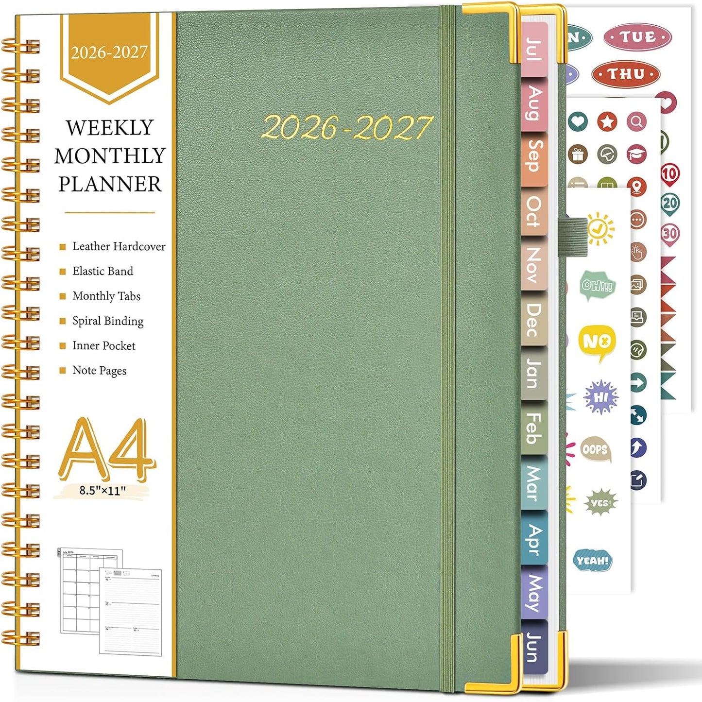 2026 Planner, Weekly and Monthly Calendar Planner from January 2026 - December 2026, 8.5" x 11" Hardcover Leather Hourly Appointment Book with Tabs, Spiral Daily Planners for School Work Home, Green