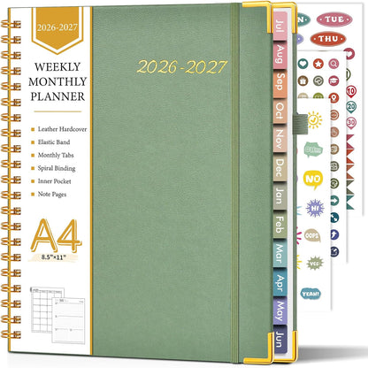 2026 Planner, Weekly and Monthly Calendar Planner from January 2026 - December 2026, 8.5" x 11" Hardcover Leather Hourly Appointment Book with Tabs, Spiral Daily Planners for School Work Home, Green