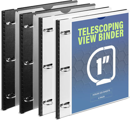 WOT I 1 Inch Telescoping 3 Ring Binder 4 Pack, Expandable Flexible Binder with Customizable Front Cover & Clear Catalog Pocket, Holds 225 Sheets, School Office Supplies, White