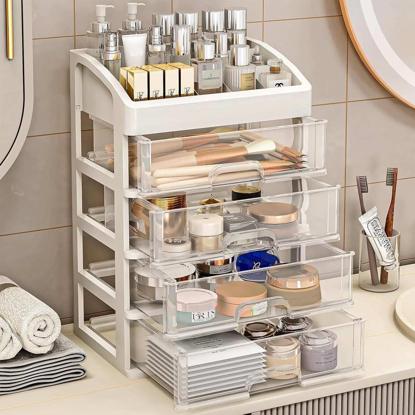 Desk Organizer with Drawers, 3 Drawers Storage Organizer, Desktop Storage Drawers for Office/School Supplies, Plastic Stationary Makeup Organizer, Desk Storage Box for Office, School, Home