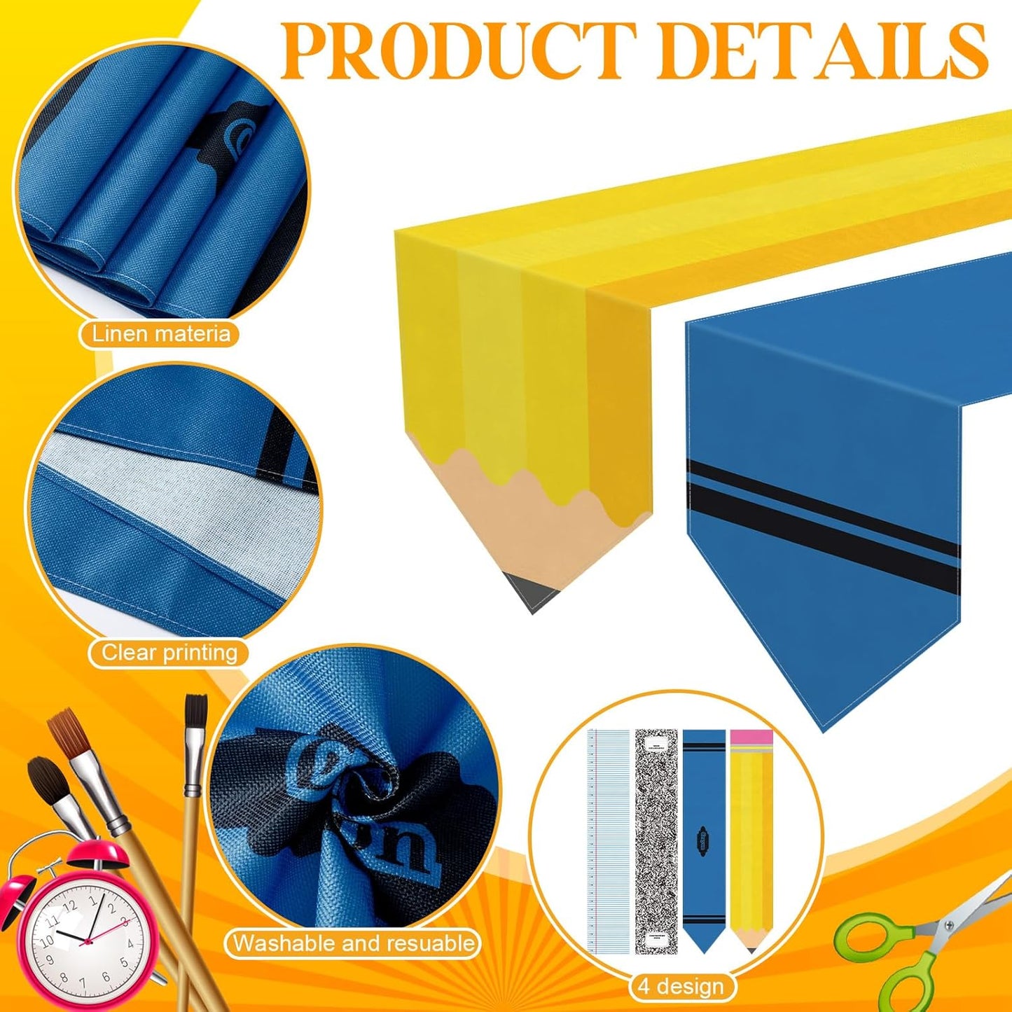 Breling 4 Pcs Preschool Graduation Decorations Table Runner Kindergarten Graduation Tablecloth Composition Pencil Crayon Ruler Notebook Table Runner for School Dining Room Classroom Party Decoration