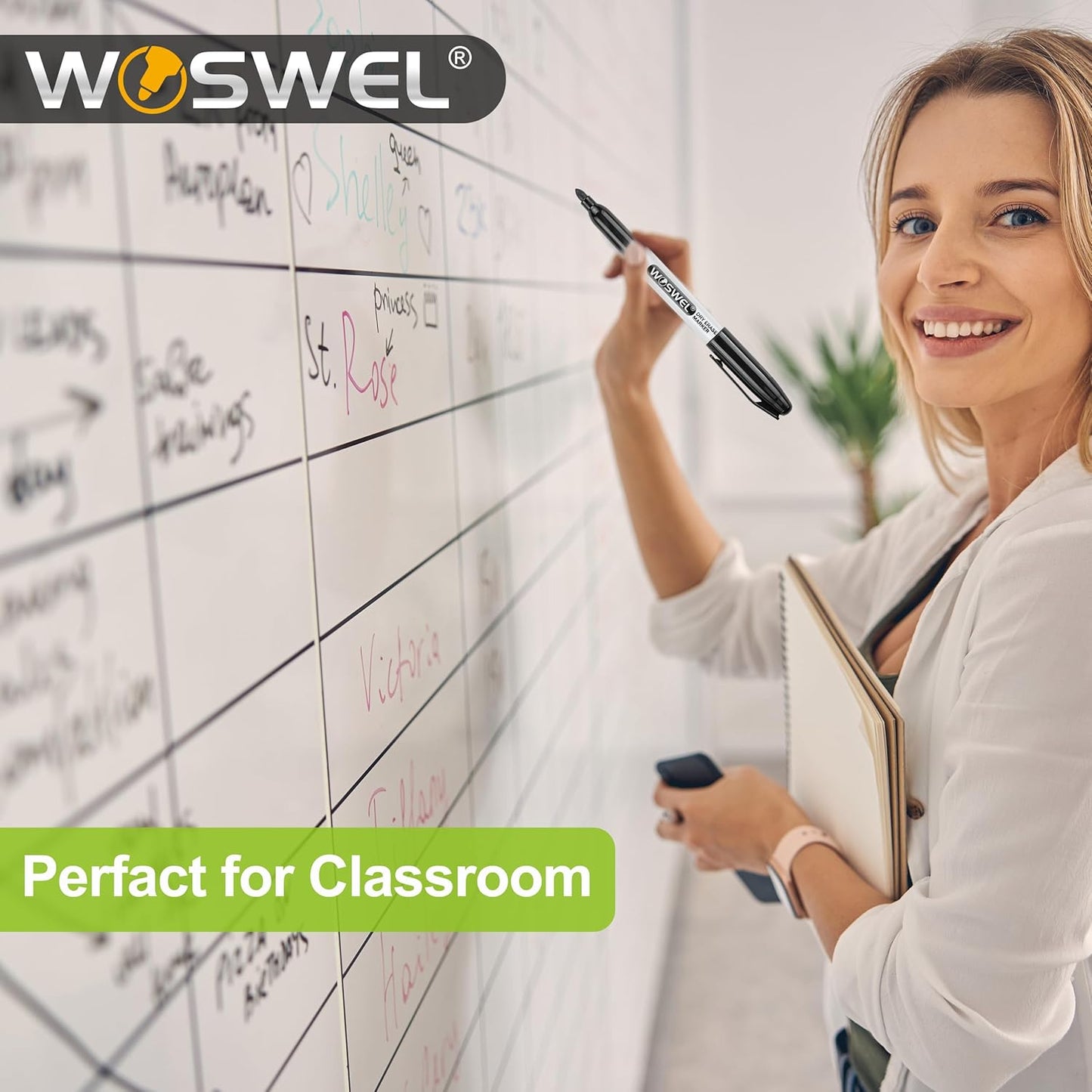 WOSWEL Dry Erase Markers Bulk, 144 Pack Black Fine Tip Whiteboard Markers, Fine Point, Low Odor Dry Erase Markers for School Office Home