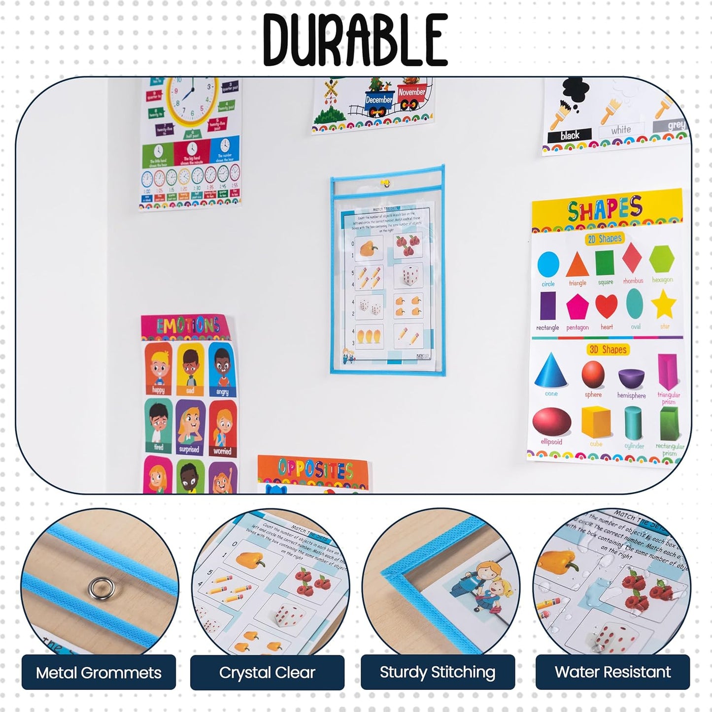 Essex Wares - 6 Pack, Assorted, Dry Erase Pocket Document Protectors, 10" Wide x 13.5" Tall- Dry Erase Clear Plastic Sleeves - Reusable & Easy Erase Plastic Invoice Holders, Water-Resistant & Durable