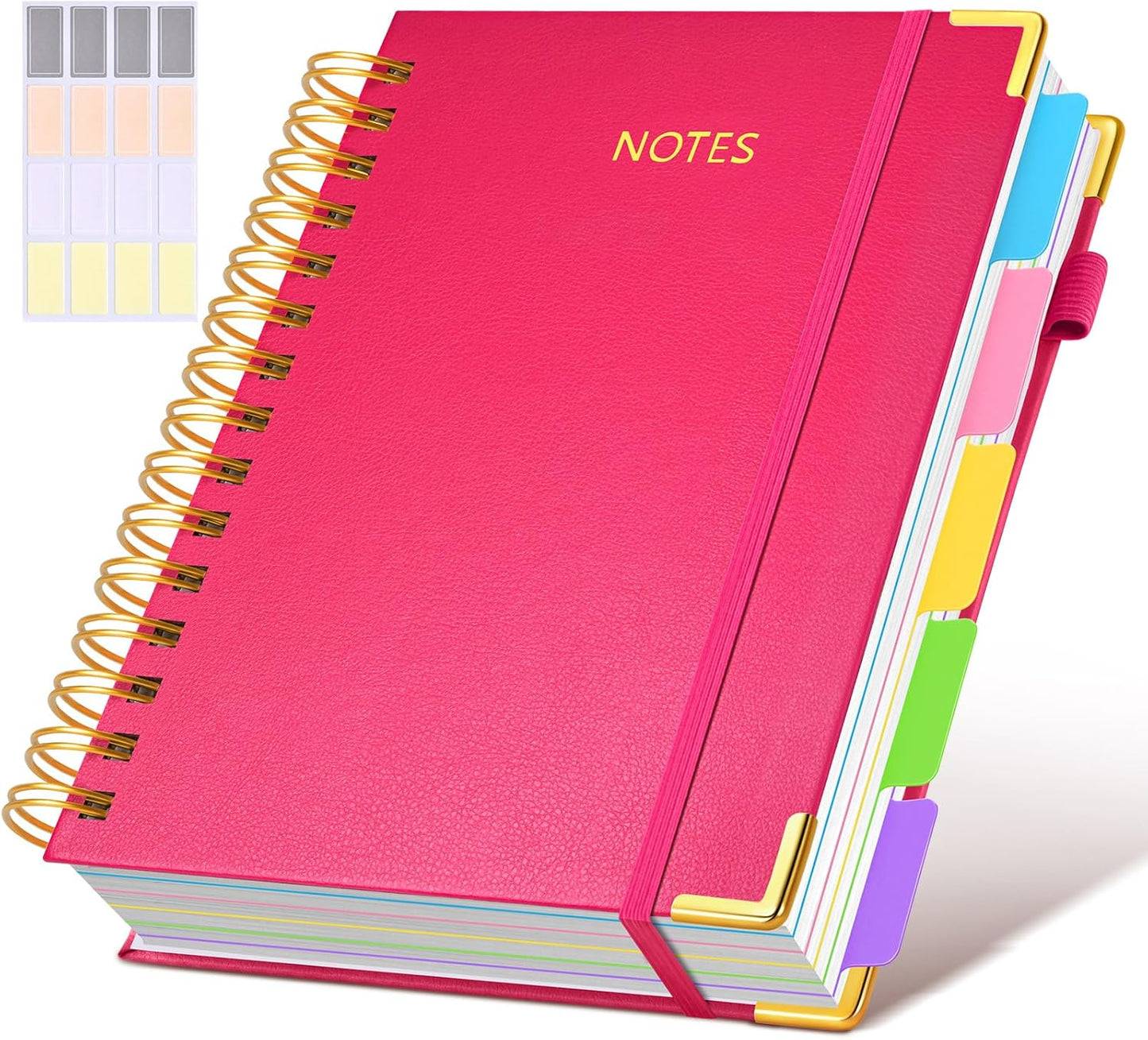 Hardcover Spiral Notebook Journal with Removable Dividers Tabs, 300 Pages Leather 5 Subject Notebook College Ruled, 8"x10" Large B5 Notebooks for Work School Note taking, Lined Journal for Women, Pink