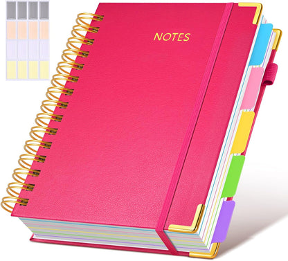Hardcover Spiral Notebook Journal with Removable Dividers Tabs, 300 Pages Leather 5 Subject Notebook College Ruled, 8"x10" Large B5 Notebooks for Work School Note taking, Lined Journal for Women, Pink