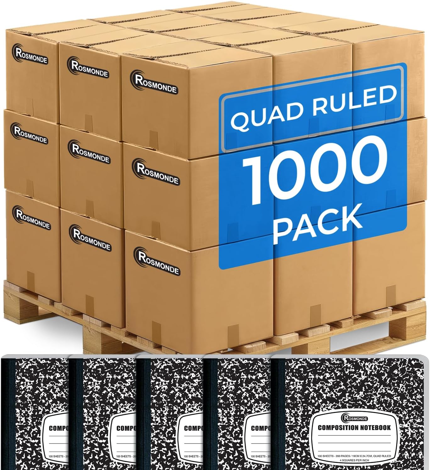 Rosmonde 50 Pack Composition Notebooks Bulk, Wide Ruled Composition Notebook, 200 Pages (100 Sheets), 9-3/4 x 7-1/2, Black Marble, Bulk School Supplies, Office Notebooks, Bulk Notebooks for School