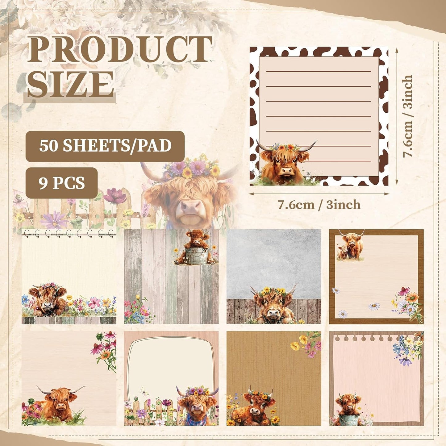 9 Pads Wildflower Sticky Notes 3x3 Inch Cute Self Stick Notepads Notes Adhesive Memo Pad Office Decor Gifts for Students School Teacher Meeting Office Supplies