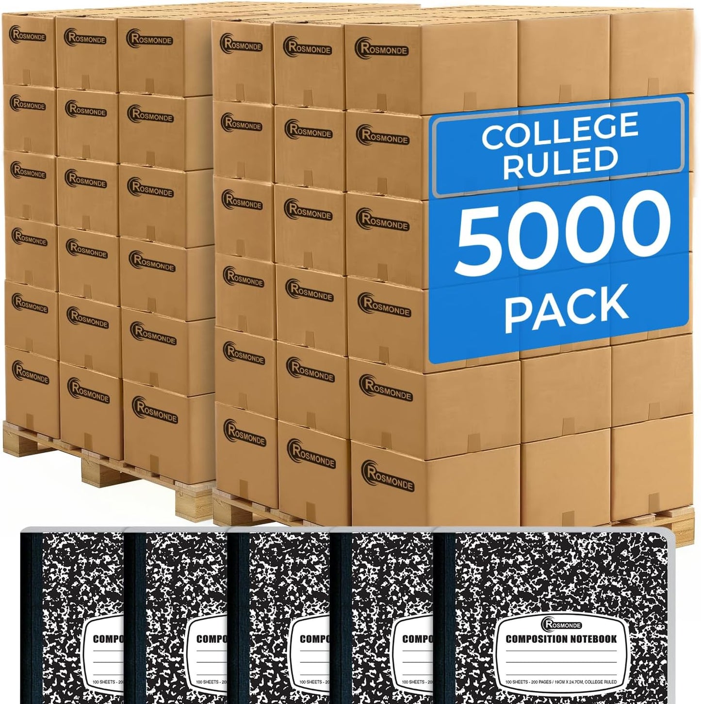 Rosmonde College Ruled Composition Notebooks 5 Pack, 200 Pages (100 Sheets), 9-3/4" x 7-1/2", White & Black Marble Composition Book, Hard Cover, Sturdy Sewn Binding, School, College & Office Supplies