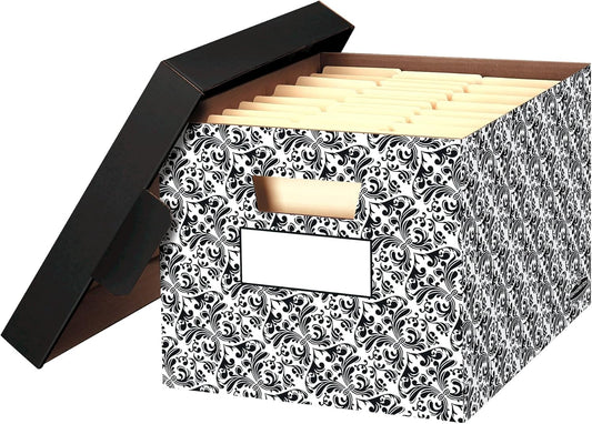 Bankers Box 4-Pack Pinstripe Design, Medium Duty File Storage Boxes with Lids, FastFold Assembly, Letter/Legal, STOR/FILE, (0029803)