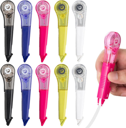 19.69ft Correction Tape Pen, 5-Count Pack, Dry Instantly, Stretch Resistant, not Easy to Break, as Smooth as Writing, Perfect for School, Office Supplies, Black White Red Yellow Blue