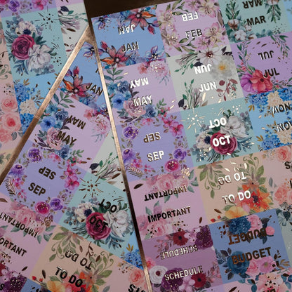 UPAFEXXI-Laminated Planner Monthly Tabs(72 Stickers in Total,24 month,24 Subject,24 Blank) Calendar Monthly Label Stickers for Planners, Subject Label Adhesive Tabs for Folders, Pages(Floral)