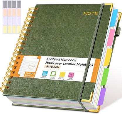 Hardcover Large Spiral Notebook 8.5" x 11" with Removable Dividers Tabs, 300 pages Leather 5 Subject Notebook College Ruled, A4 Journal for Women Men, Notebooks for Work School Note taking,Black