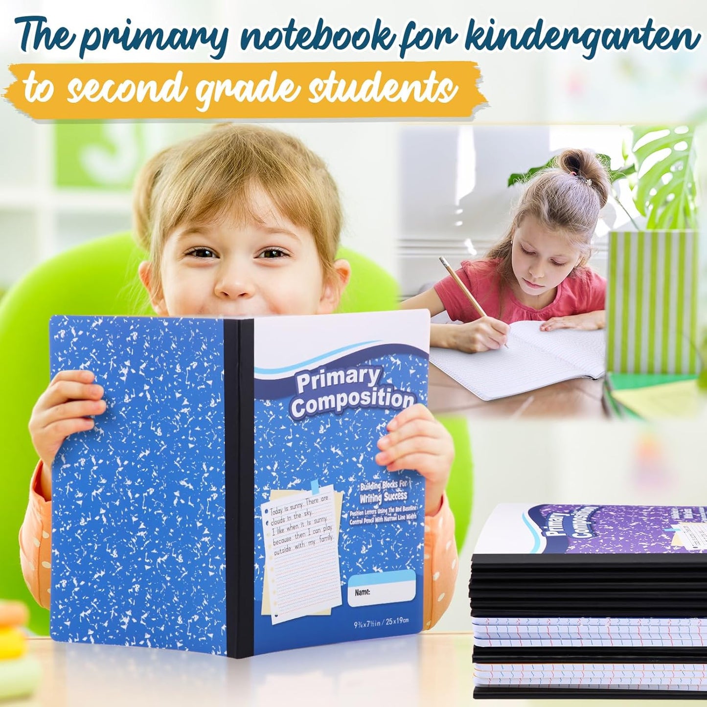 Watersay 30 Pack Primary Ruled Composition Notebook, Grade K-2 Journal 50 Sheets, 7-1/2" x 9-3/4" Primary Composition Book Writing Notebook for Kids Kindergarten Preschool 1st 2nd Grad (Multicolor)