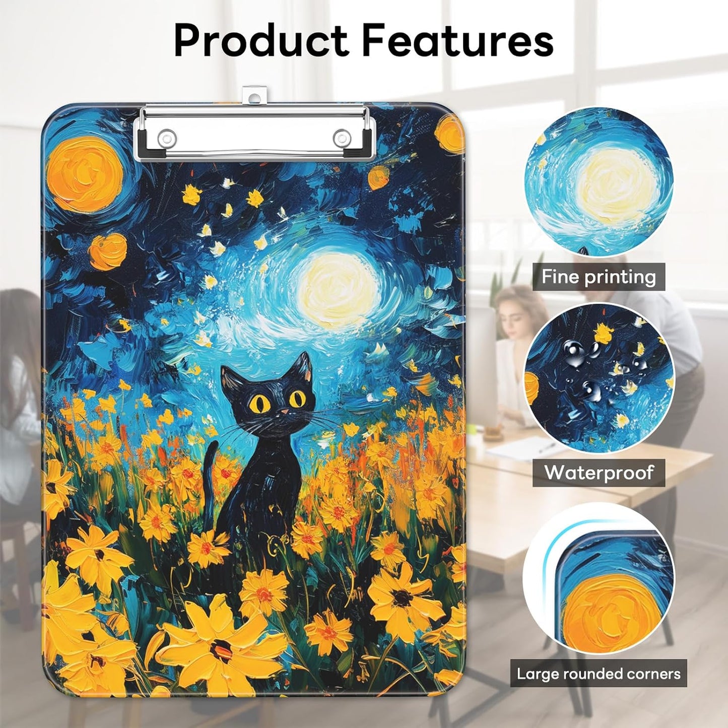 Plastic Cute Clipboard Low-Profile Metal Clip, A4 Letter Size 9 x 12.5 in, 8.5 x 11 Paper Clip Board for Teachers, Nurses, Classroom,Cute Black Cats
