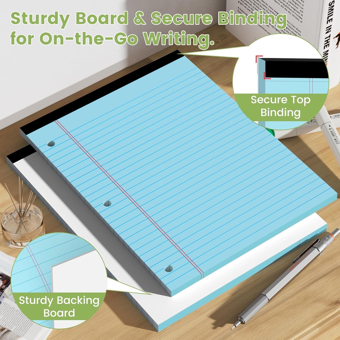 Legal Pads 8.5x11, White Notepads 8.5x11, Wide Ruled Lined with 3 Hole Punch, Loose Leaf Notebook Paper for 3 Ring Binders, 3 Pack, 30 Sheets/Pack, Perforate for School, Office, Home