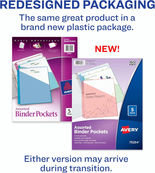 Avery Binder Pockets for 3 Ring Binders, Assorted Colors, Fits 8.5" x 11" Documents, Acid-Free and Archival-Safe, 5 Folders Total (75254)