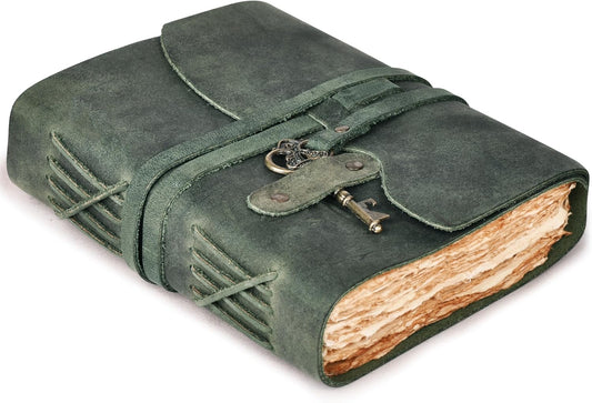 LEATHER VILLAGE Vintage Leather Journal – 200 Handmade Vintage Deckle Edge Paper – Leather bound Journal For Women Men – Vintage Key Closure - Book of Shadows - Cappuccino Brown - 6X4 inches (A6)