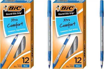 BIC Round Stic Grip Xtra Comfort Blue Ballpoint Pens, Medium Point (1.2mm), 12-Count Pack, Excellent Writing Pens With Soft Grip for Superb Comfort and Control