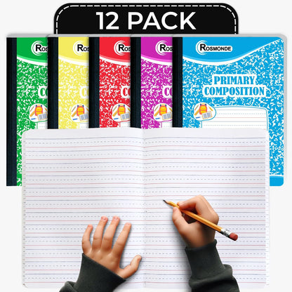 Rosmonde 12 Pack Primary Composition Notebooks, 200 Pages (100 Sheets), Primary Ruled Composition Notebook, 9-3/4" x 7-1/2", Grades K-2, Writing Dotted Lined, Assorted, Colors May Repeat