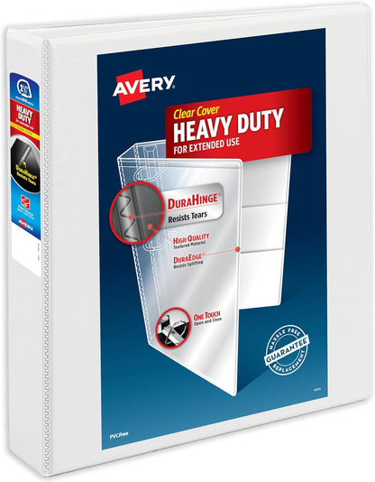 Avery Heavy-Duty View 3 Ring Binder, 2 Inch One Touch Slant Rings, 530-Sheet Capacity, DuraHinge, 2.8 Inch Wide Spine, Customizable Clear Cover and Spine, 1 White Binder (79792)