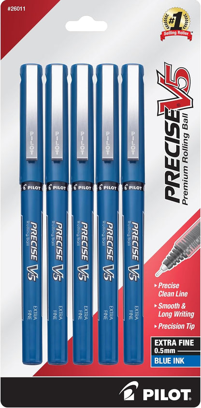 PILOT Precise V5 Stick Liquid Ink Rolling Ball Stick Pens, Extra Fine Point (0.5mm) Black Ink, 5-Pack (26010)