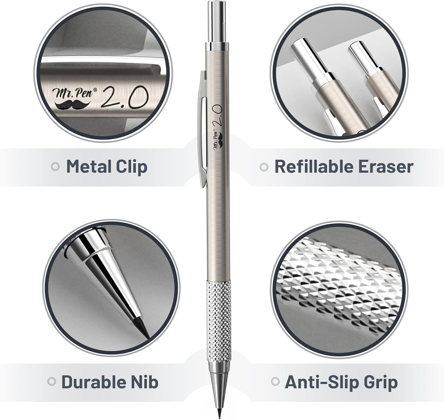 Mr. Pen- Metal Mechanical Pencil Set with Lead and Eraser Refills, 5 Sizes, 0.3, 0.5, 0.7, 0.9, 2mm, Drafting, Sketching, Architecture, Drawing Metal Mechanical Pencils