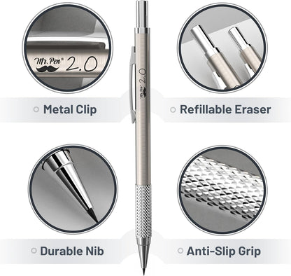 Mr. Pen- Metal Mechanical Pencil Set with Lead and Eraser Refills, 5 Sizes, 0.3, 0.5, 0.7, 0.9, 2mm, Drafting, Sketching, Architecture, Drawing Metal Mechanical Pencils