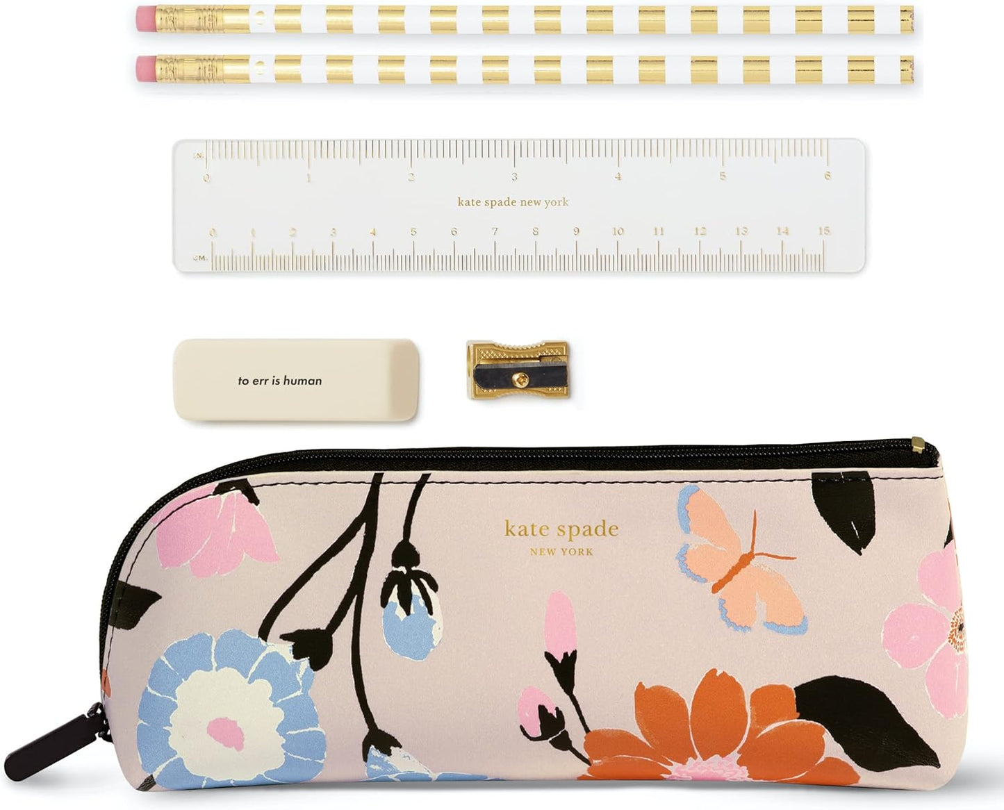 kate spade new york Pen and Pencil Case with Office Supplies, Zip Pouch Includes 2 Pencils, Sharpener, Eraser, and Ruler, Polka Dots (black/white)