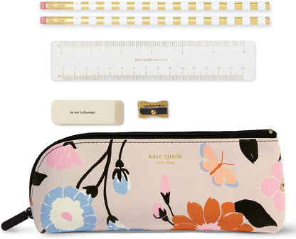kate spade new york Pen and Pencil Case with Office Supplies, Zip Pouch Includes 2 Pencils, Sharpener, Eraser, and Ruler, Polka Dots (black/white)
