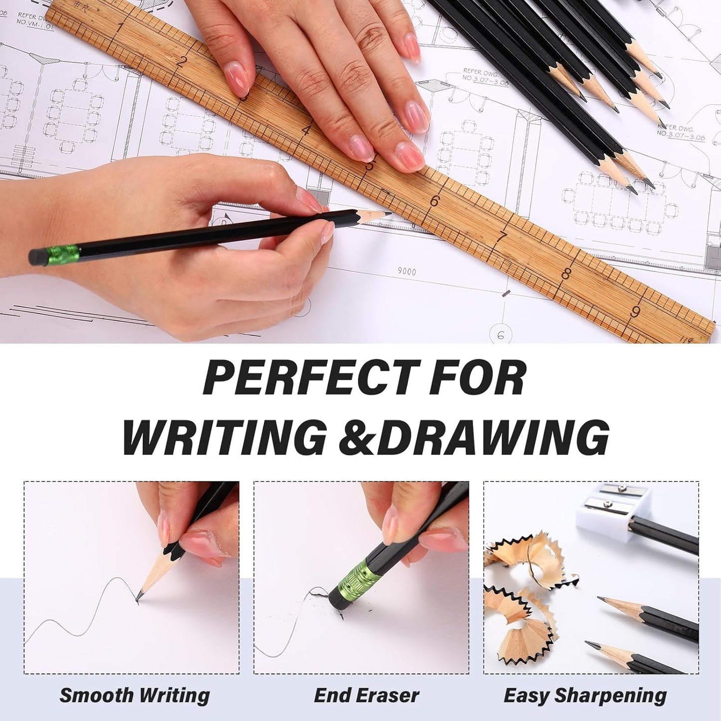 TecUnite 60 Pcs HB Pencils #2 Unsharpened Wood Cased Pencils with Eraser Hexagonal Pencil Cute Graphite No 2 Pen for Adults Gifts Exam School Office Sketching Learning (Wood Color, Silver)