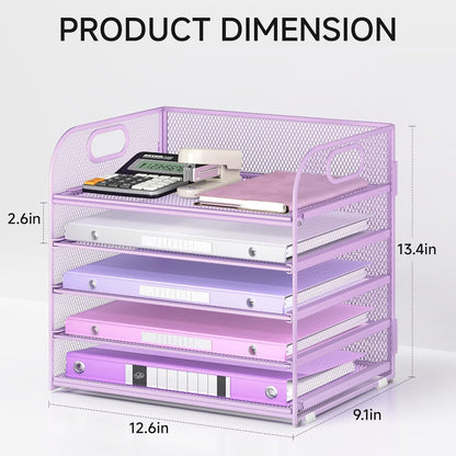 Lavatino 5 Tray Desk File Organizer, Black Mesh Paper Sorter Letter Tray Organizer with Handle, Desktop File Organizer and Storage for Letter/A4 Office File Folder