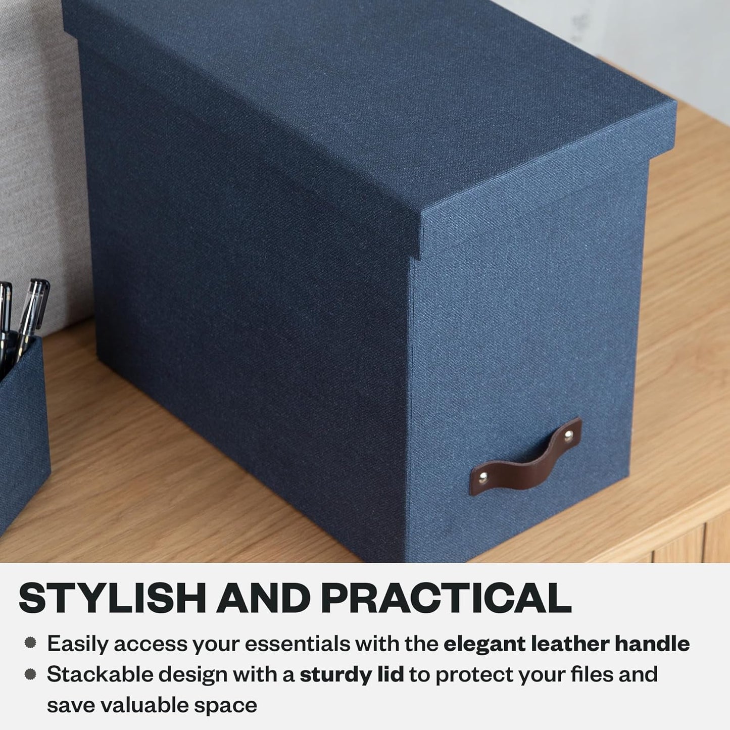 Bigso John Desktop File Box - Storage Solution and Document Organizer for Important Paperwork - Durable Hanging File Box with a Lid and Leather Handle - 7.36 in x 13.26 in x 10.51 in - Grey