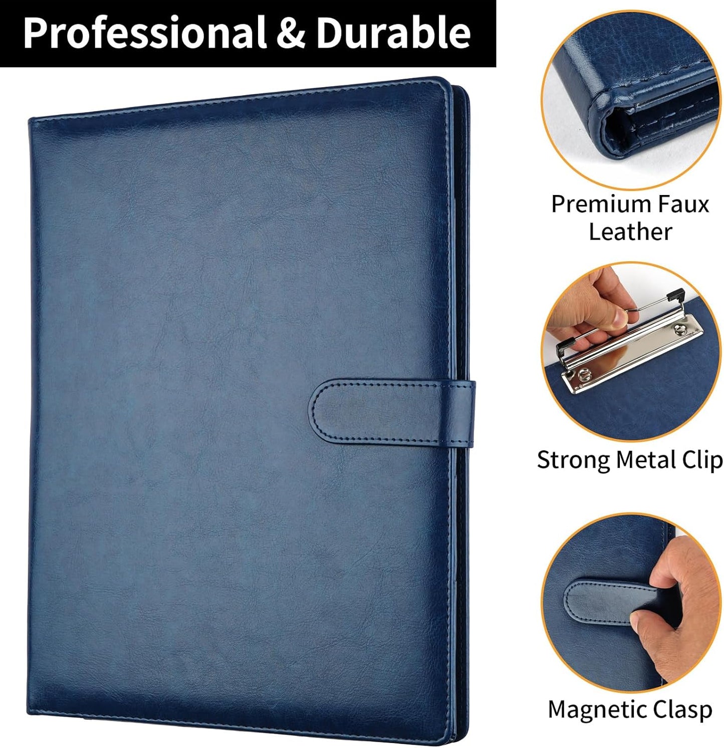 Professional Padfolio with Clipboard, Faux Leather Portfolio Folder Binder, Legal Pad Holder for A4 Letter Size Notepad, Resume, Writing Pad, Ideal Organizer for Business Office Conference, Black