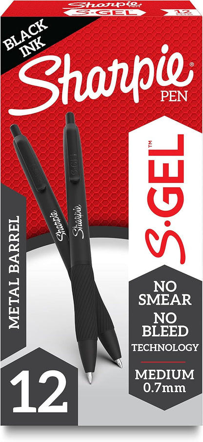 Sharpie S-Gel, Gel Ink Pens, Medium Point (0.7mm), Sleek Metal Barrel, Black Ink, 12 Count - Drawing, Journaling, Writing, School, Teacher Supplies